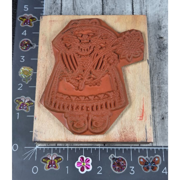 Azadi Earles Cat Holding Sunflower‎ Dress Rubber Stamp Wood #G2 - Picture 2 of 3